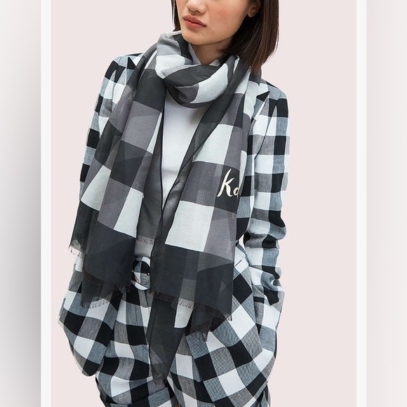 Kate Spade Party Plaid Oblong Scarf, Black/White, OneSize - Picture 1 of 8